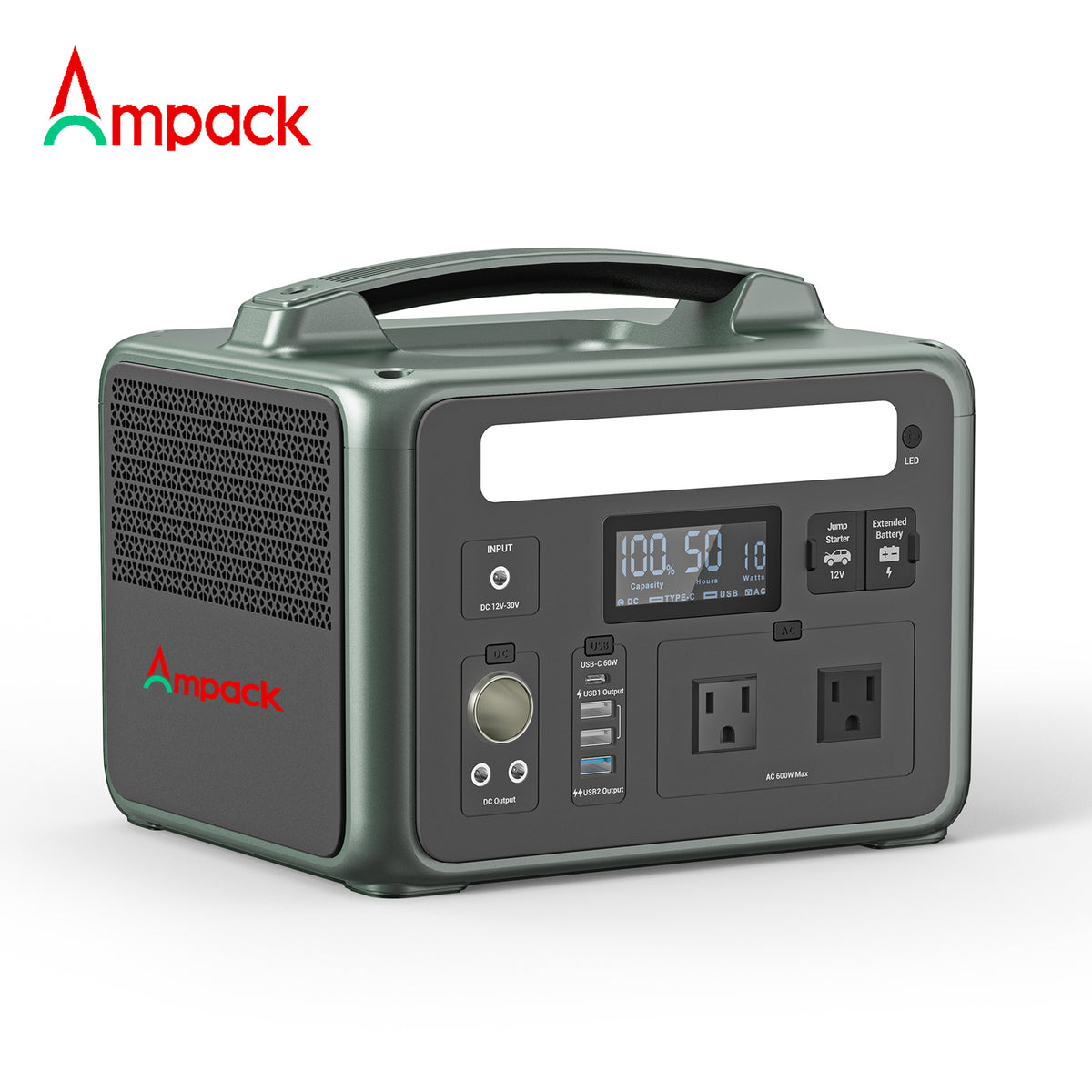 Ampack Portable Power Station 584Wh, 600W (Peak 1800W) 2*AC Outlets, Ampace Jumper Cable Car Starter (Not Included), Lithium Battery Solar Generator for Home Backup, Outdoor Camping, RVs, Emergency, CPAP