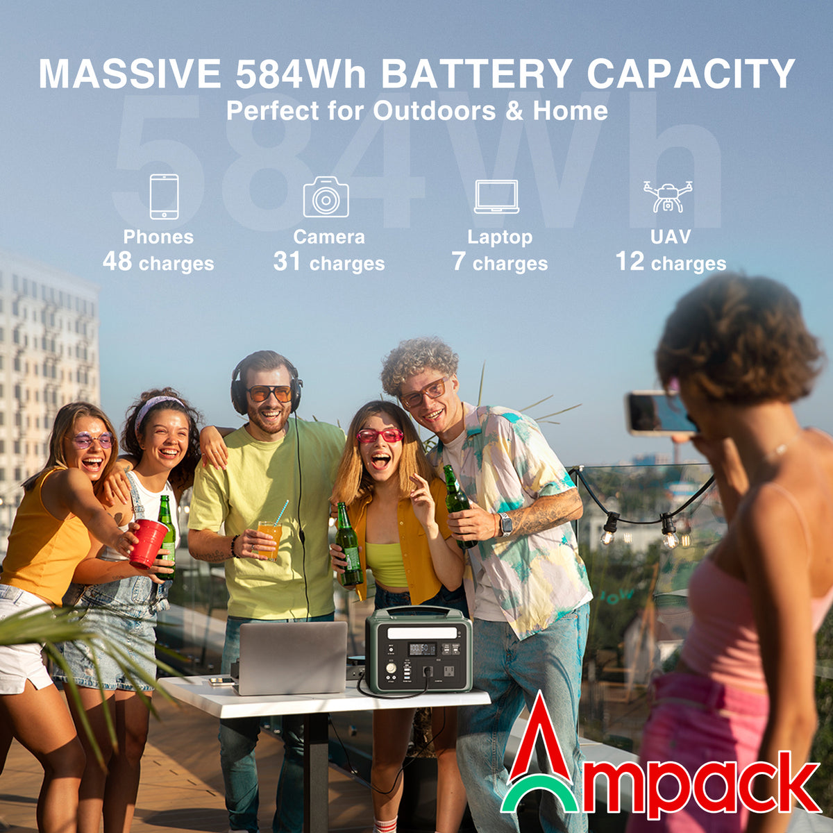 Ampack Portable Power Station 584Wh, 600W (Peak 1800W) 2*AC Outlets, Ampace Jumper Cable Car Starter (Not Included), Lithium Battery Solar Generator for Home Backup, Outdoor Camping, RVs, Emergency, CPAP